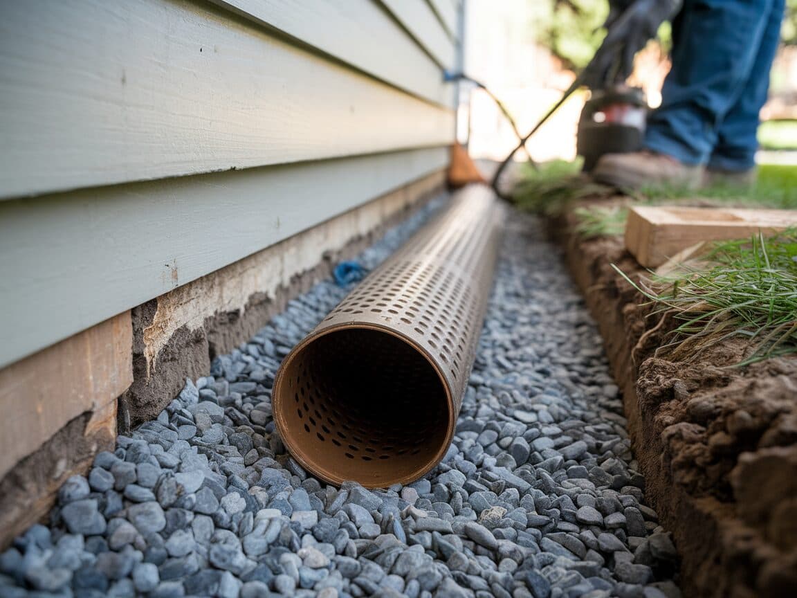 French drain installation alongside house foundation