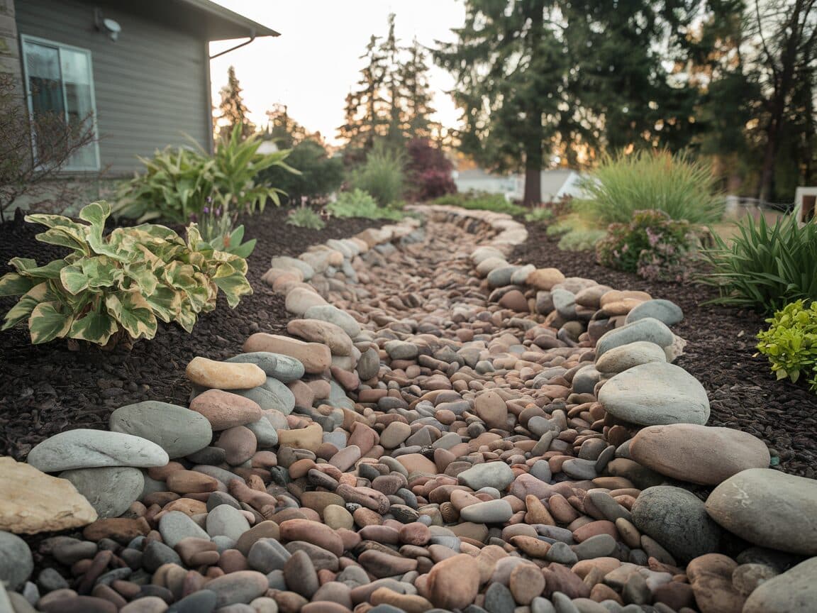 Decorative river rock dry creek bed drainage swale