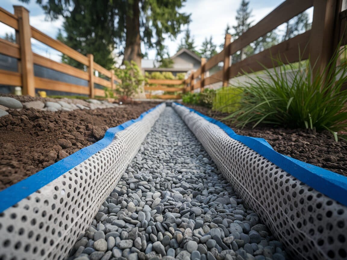 Gravel-filled French drain trench alongside fence line