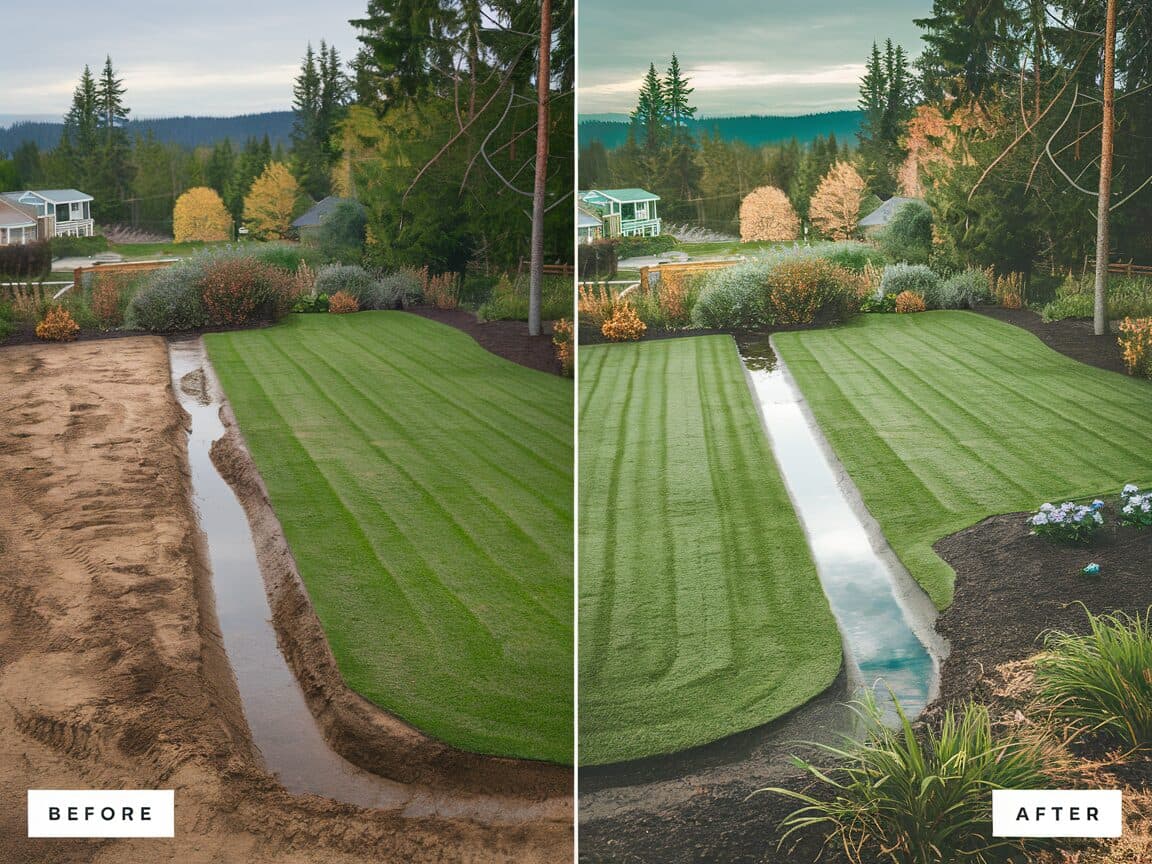 Well-graded residential yard with drainage swale