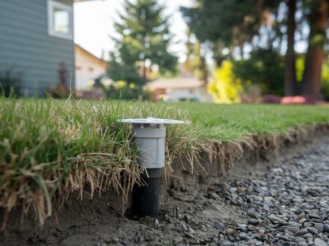 Pop-up emitter drainage outlet in lawn edge