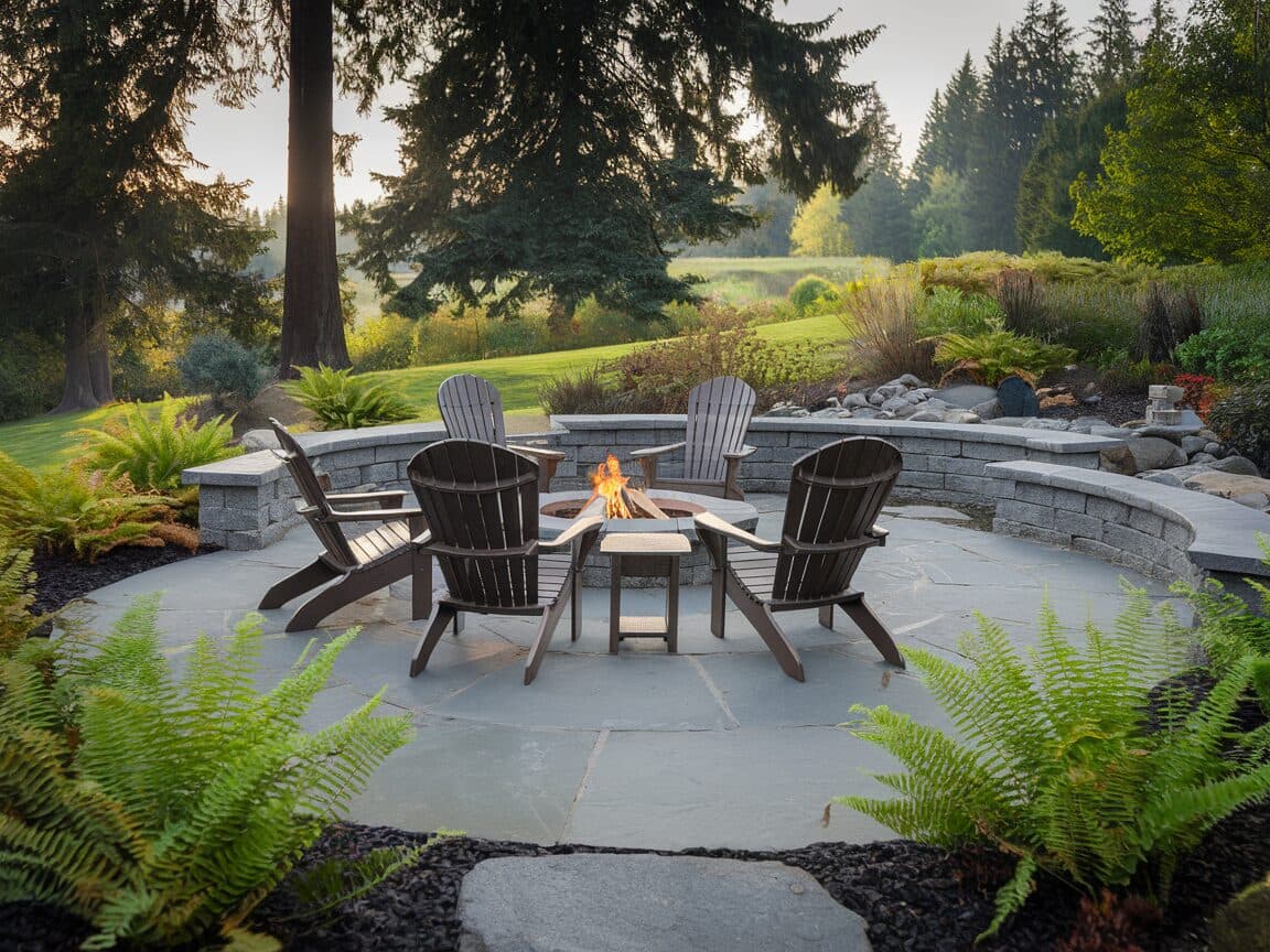 Natural stone patio with Adirondack chairs and fire pit, Pacific Northwest backyard