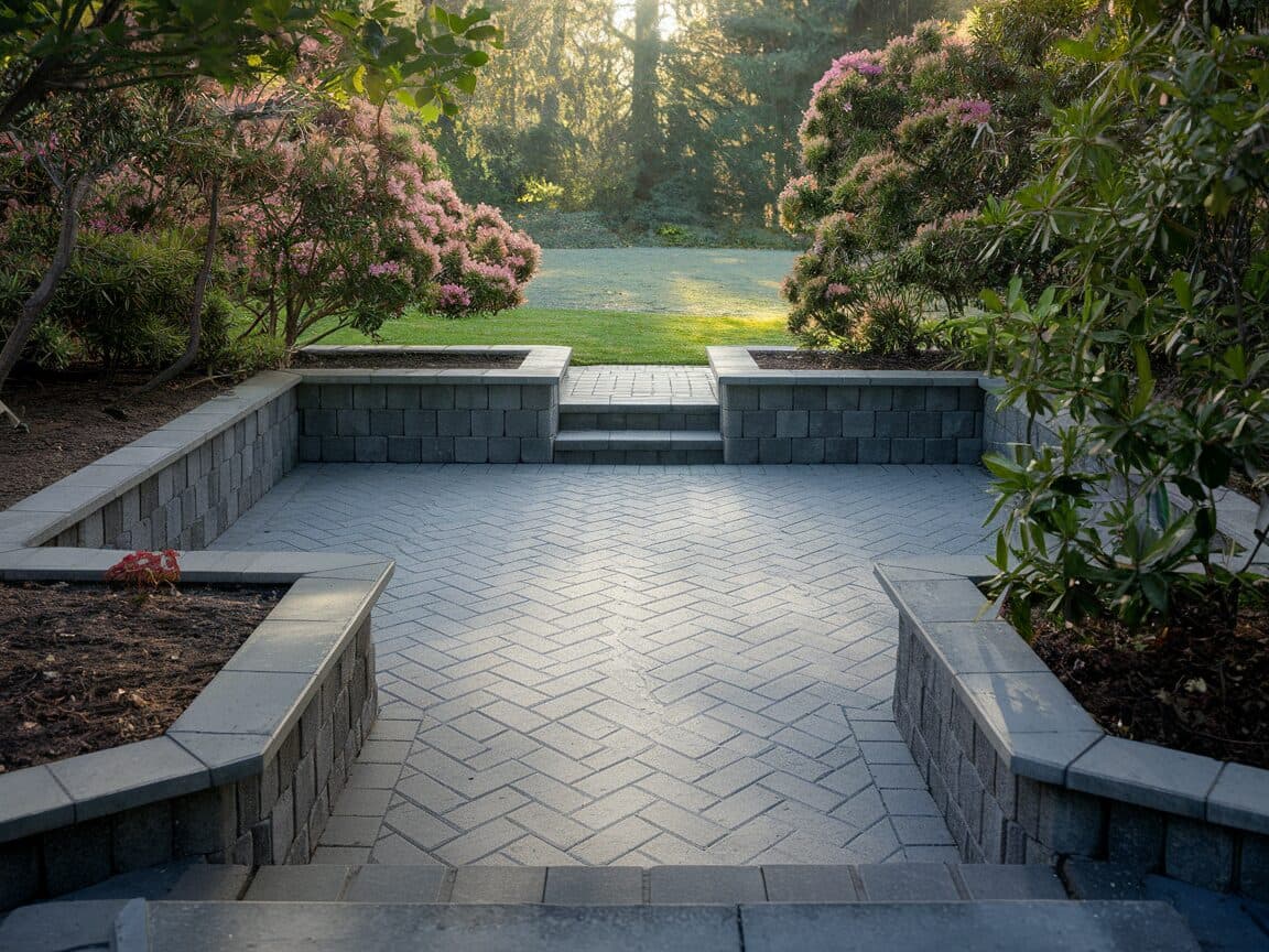 Concrete paver patio with raised planter walls and steps to lawn