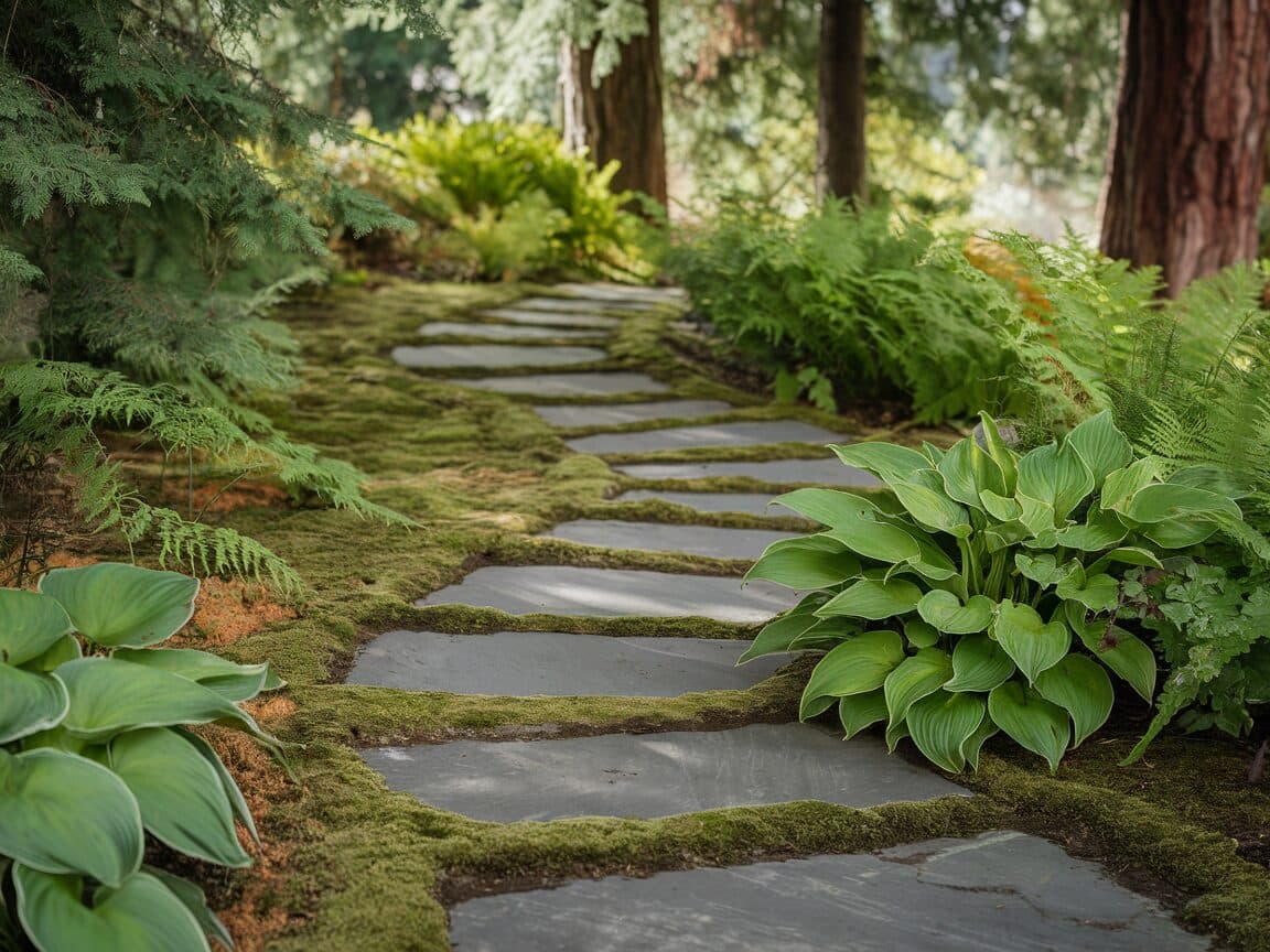 Flagstone stepping stone path through Pacific Northwest garden