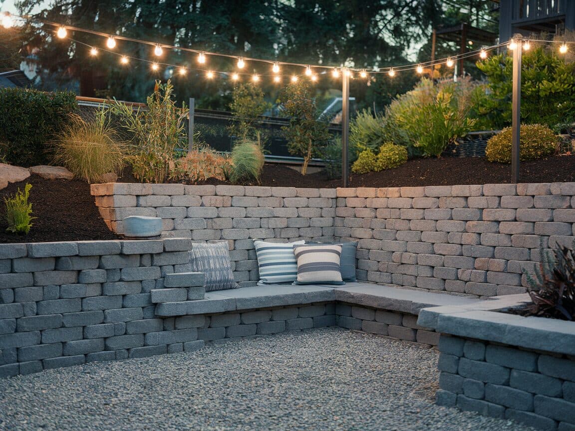 Stone retaining wall with built-in bench seating and gravel patio