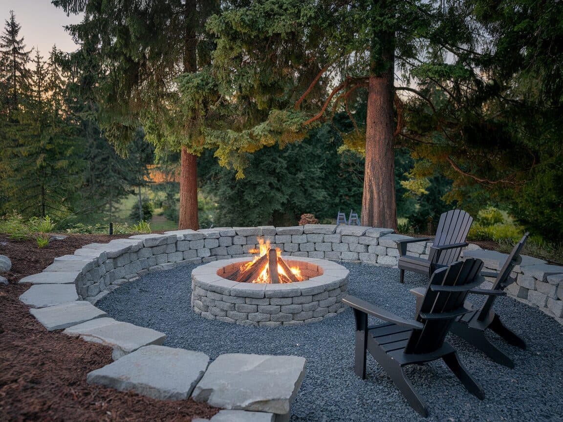 Outdoor fire pit area with stacked stone surround and gravel seating zone