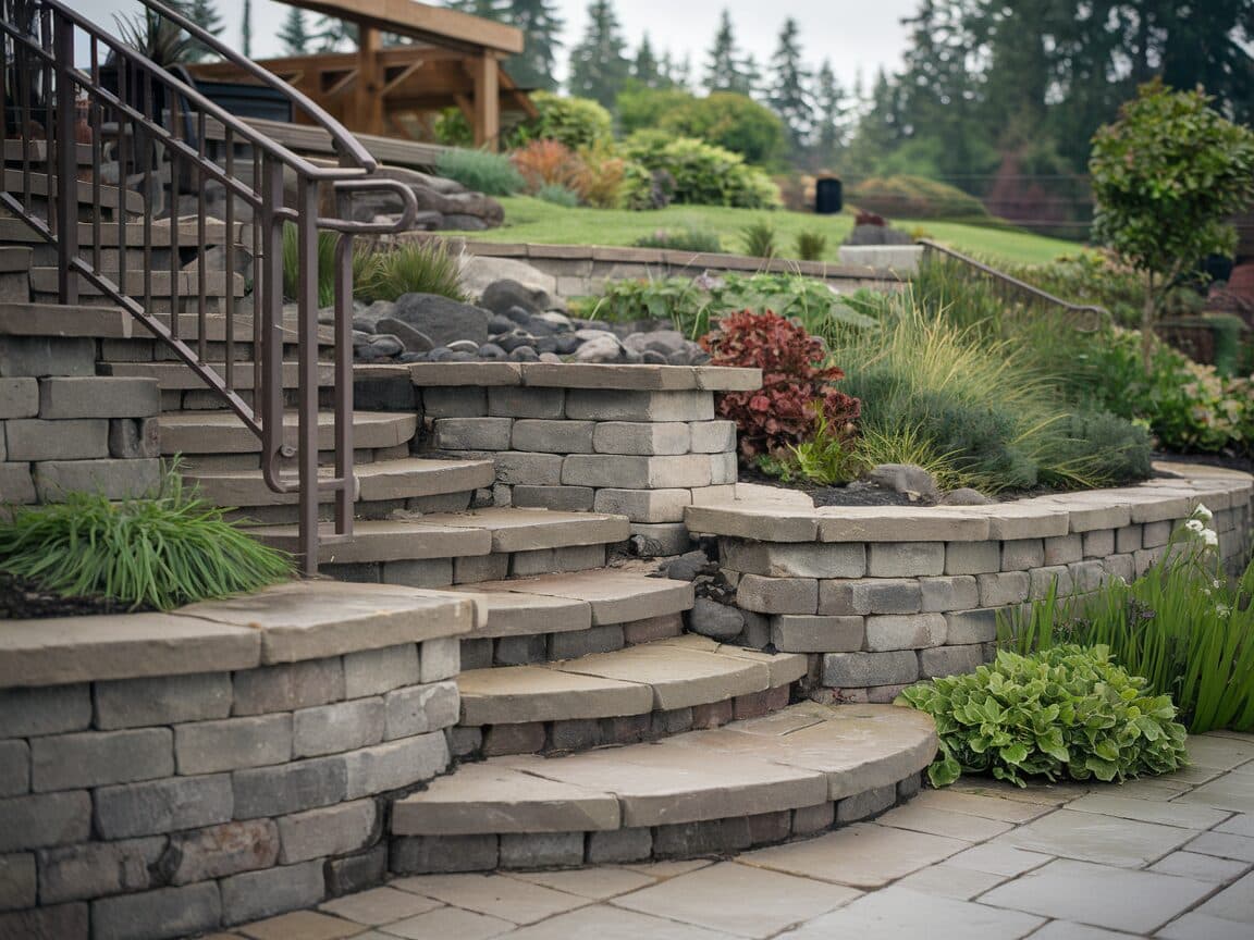 Brick and stone outdoor steps with metal railing
