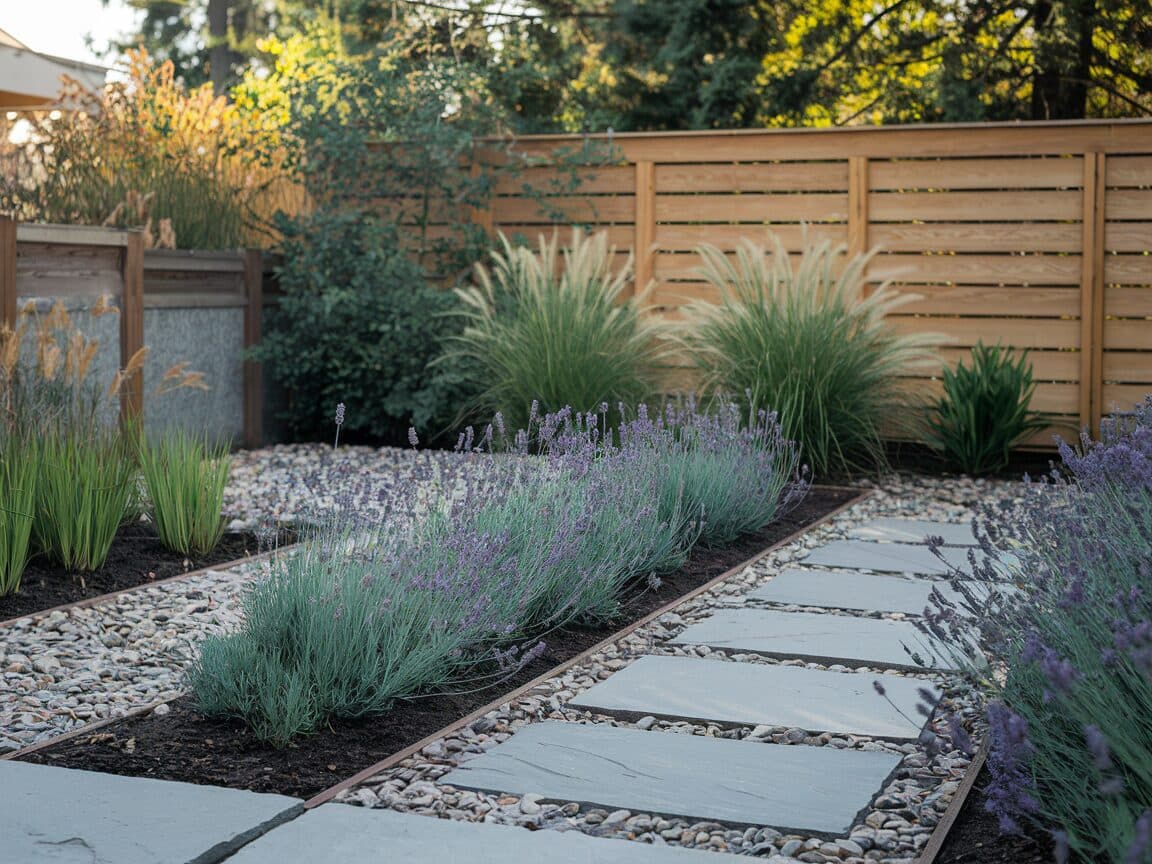 Decomposed granite and flagstone pathway through garden beds
