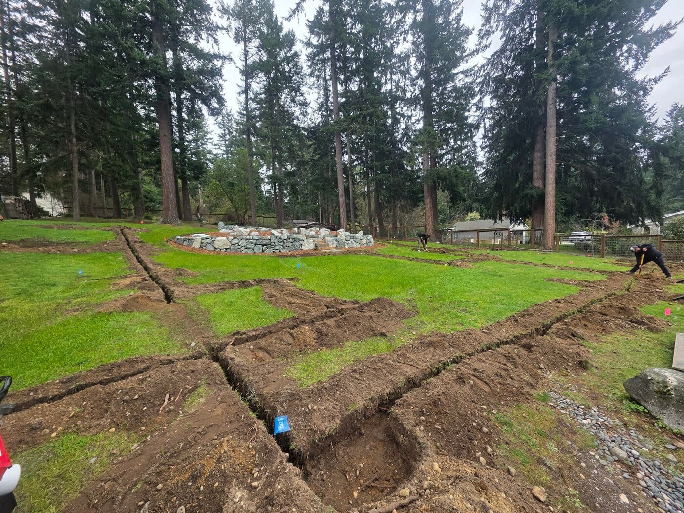 Irrigation line trenching and pipe layout
