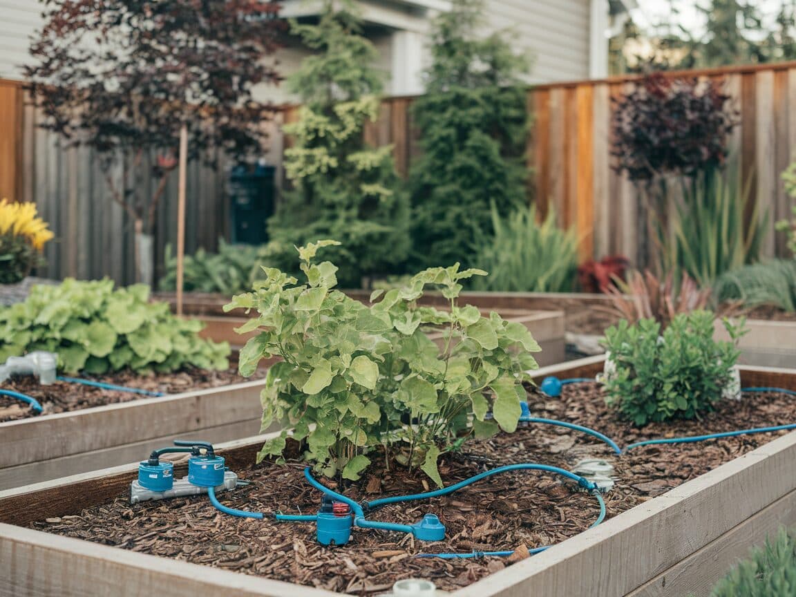 Drip irrigation system in raised garden beds