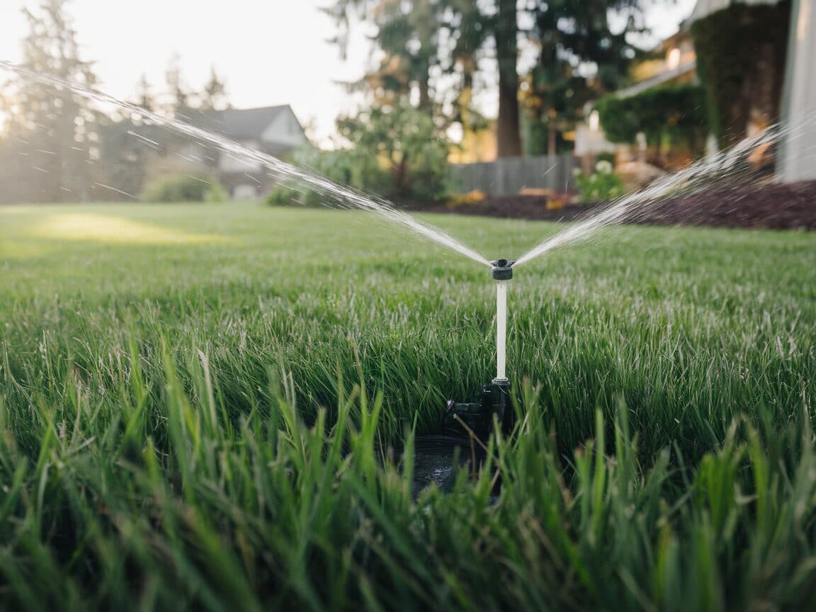 Irrigation sprinkler watering lush green lawn, morning light