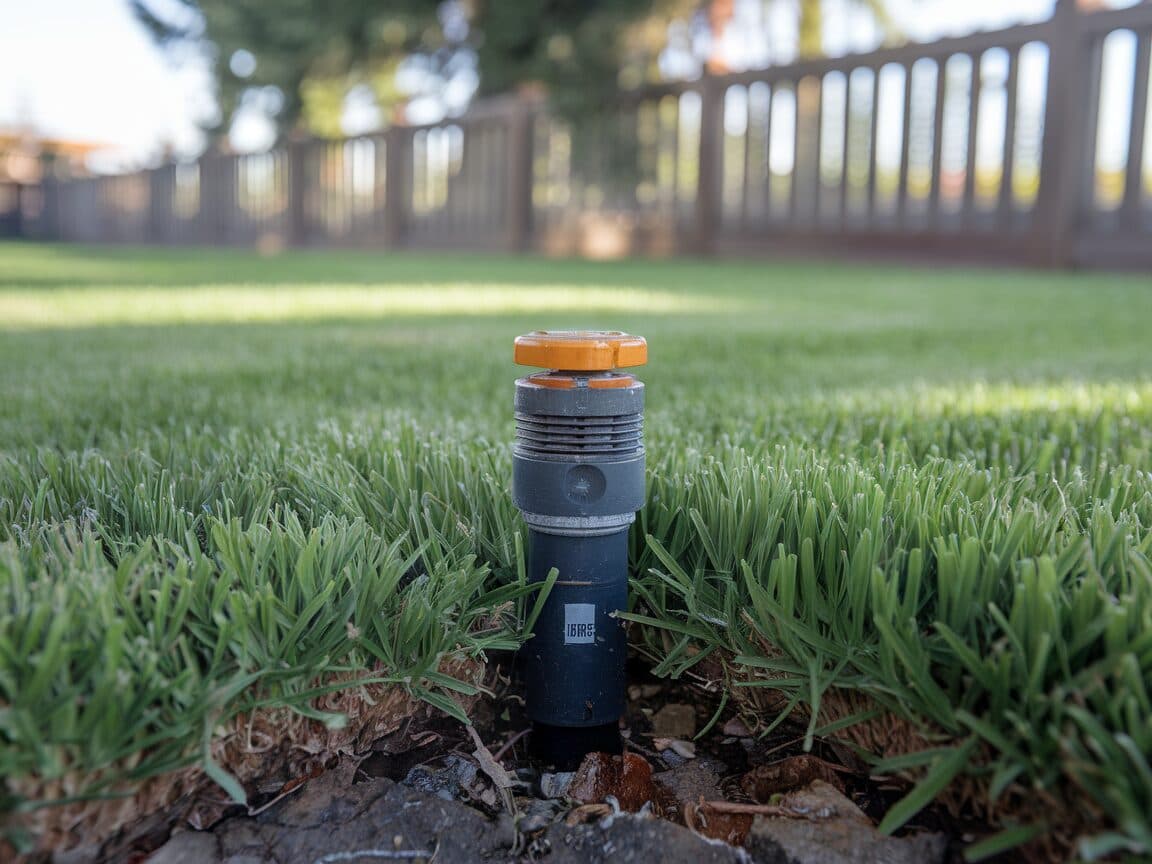 Rotor sprinkler head flush-mounted in healthy lawn