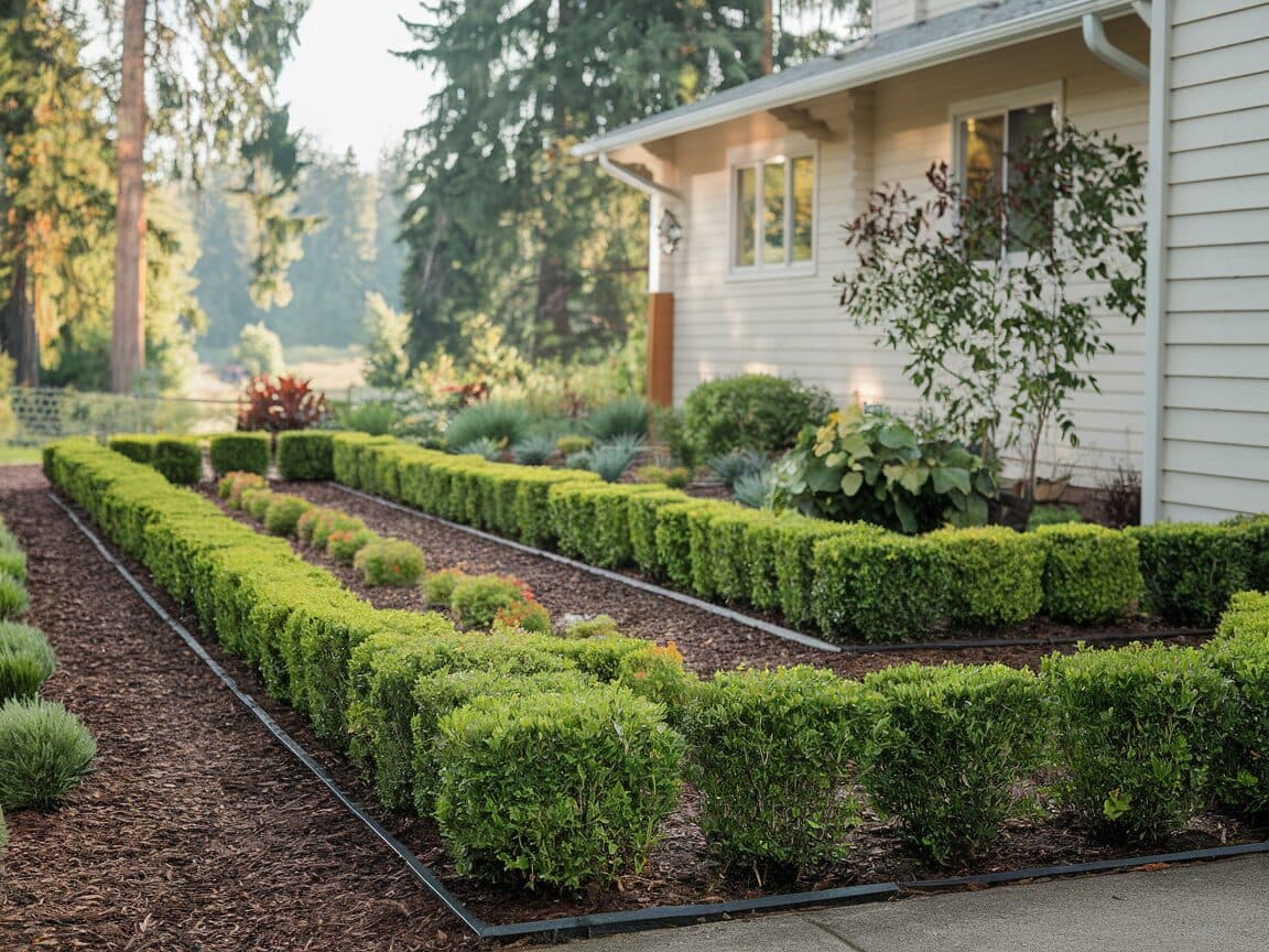 Neatly trimmed hedges and shrub border along home exterior
