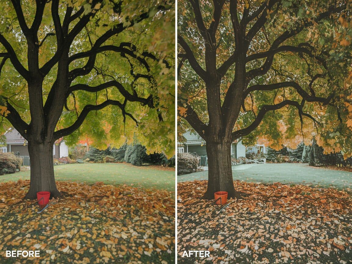 Fall leaf cleanup revealing clean lush lawn