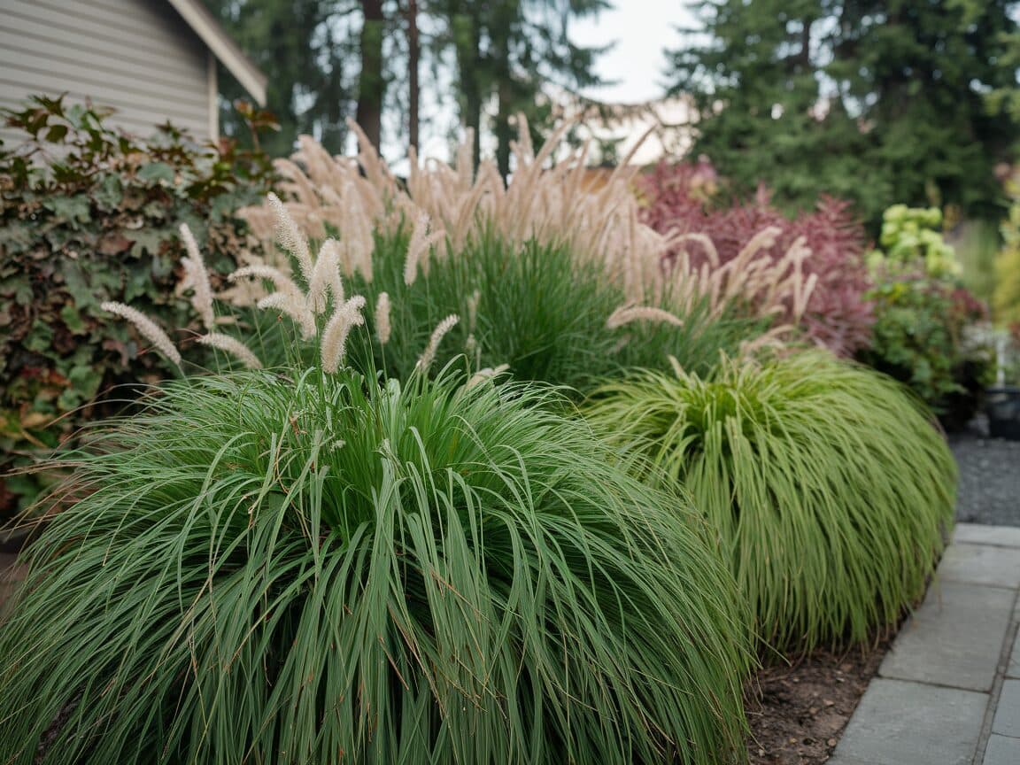 Ornamental grass and shrub pruning, residential garden