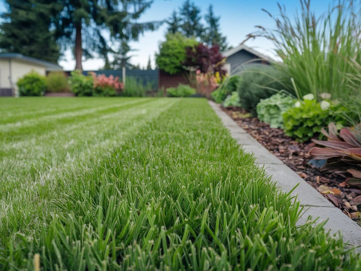 Fresh lawn fertilization, vivid green healthy grass