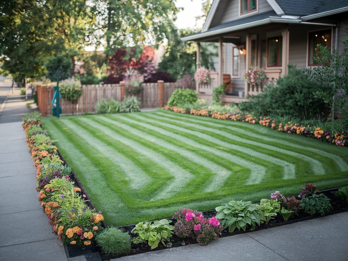 Immaculate front lawn curb appeal with diagonal mow pattern