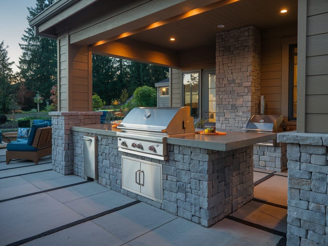 Outdoor kitchen island with stone veneer and stainless grill