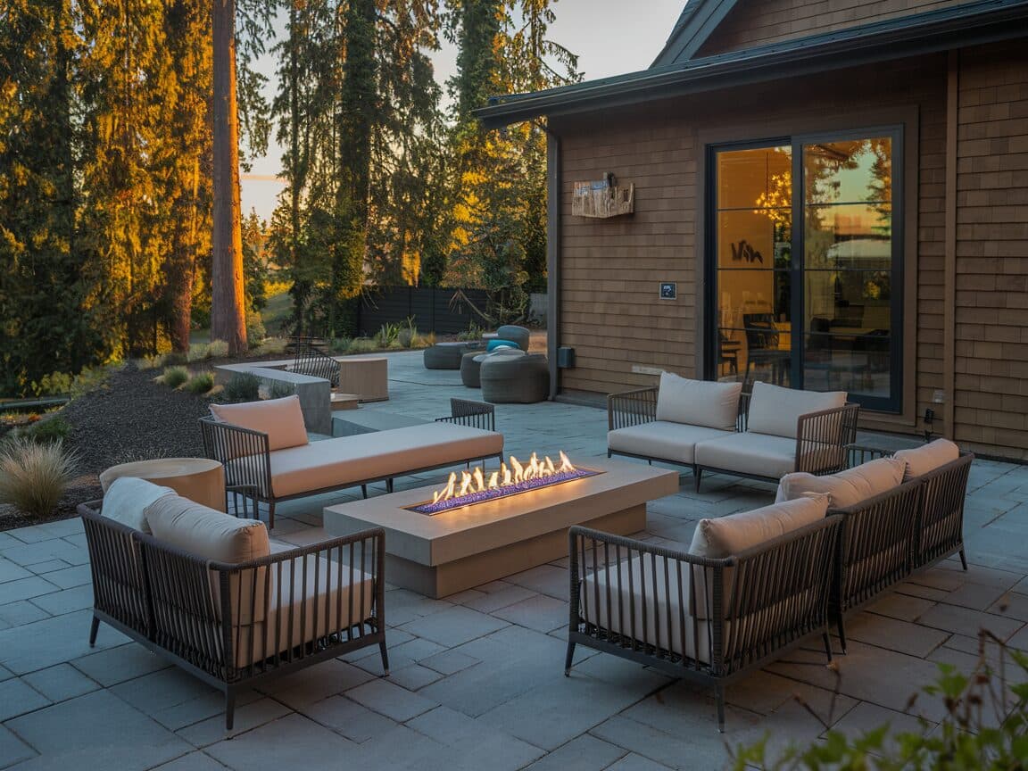 Modern paver patio with linear gas fire table
