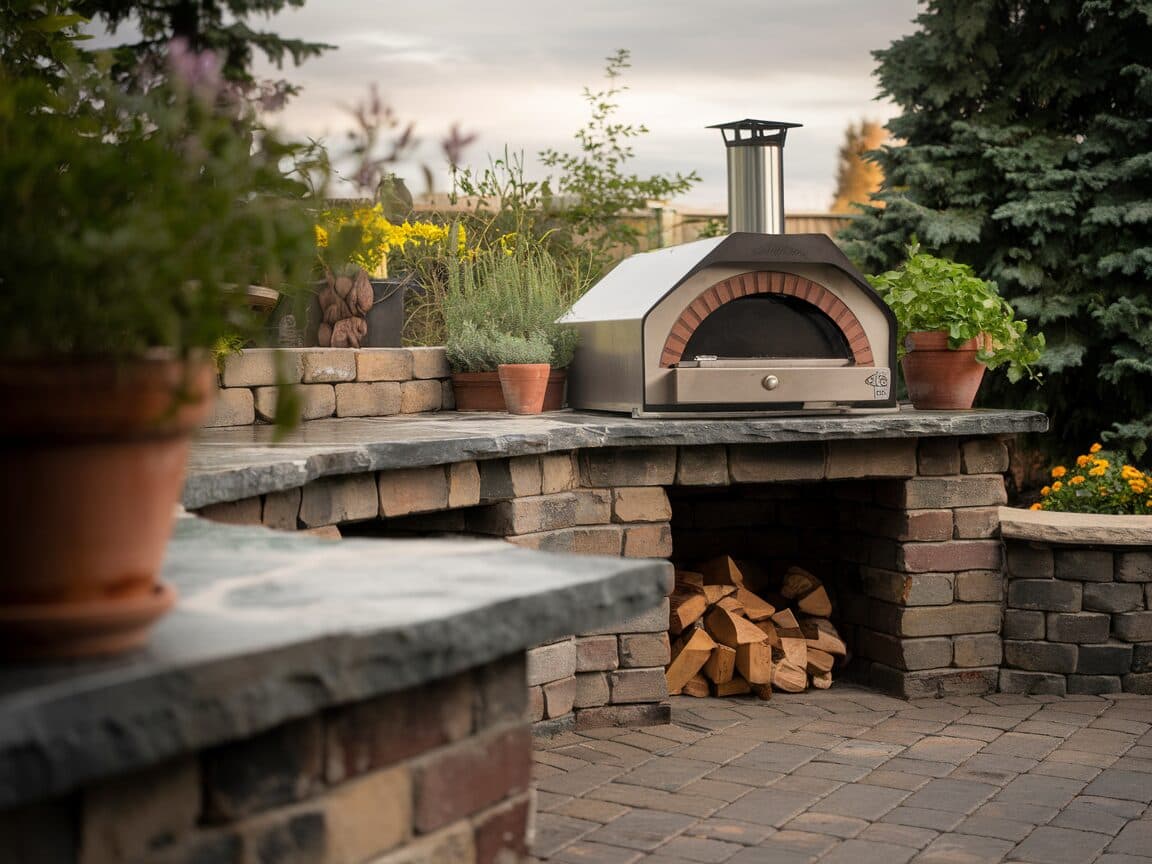 Brick patio with pizza oven and natural stone counters