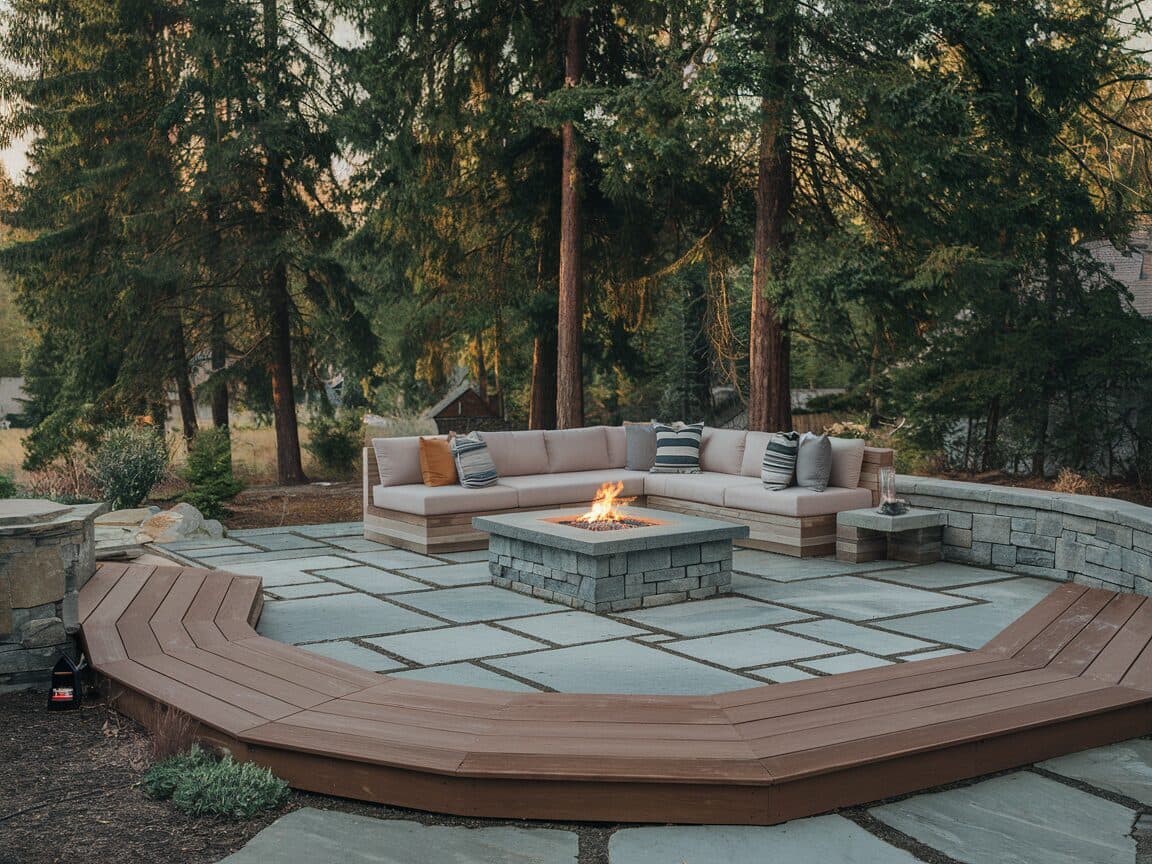 Wraparound deck transitioning to stone patio with fire pit