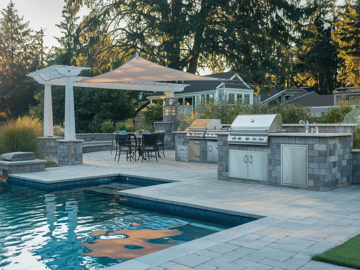 Poolside patio with built-in outdoor kitchen and pergola