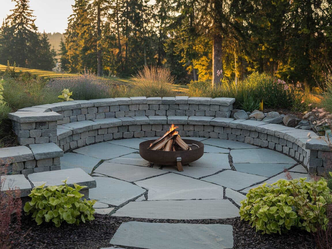 Flagstone patio with built-in stone bench seating wall and fire pit