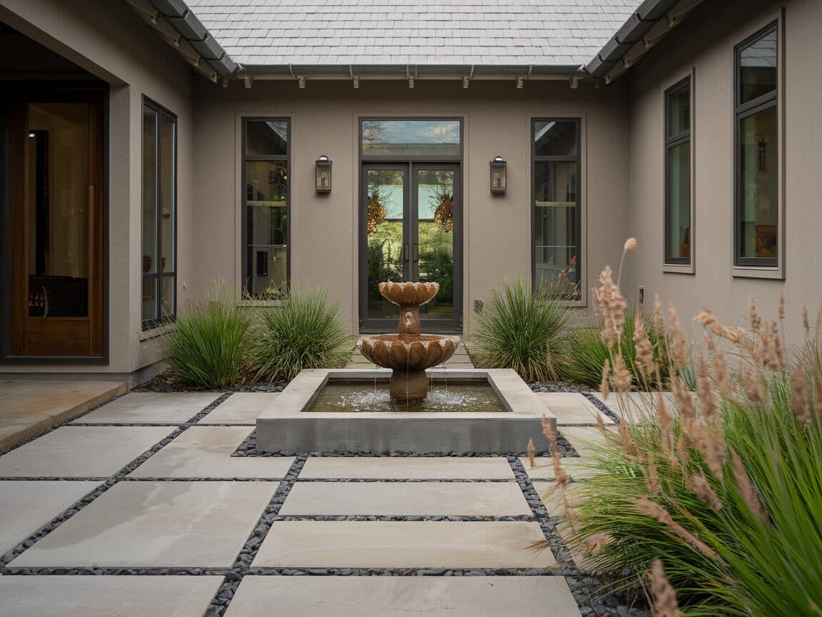 Front courtyard patio with formal pavers and water feature