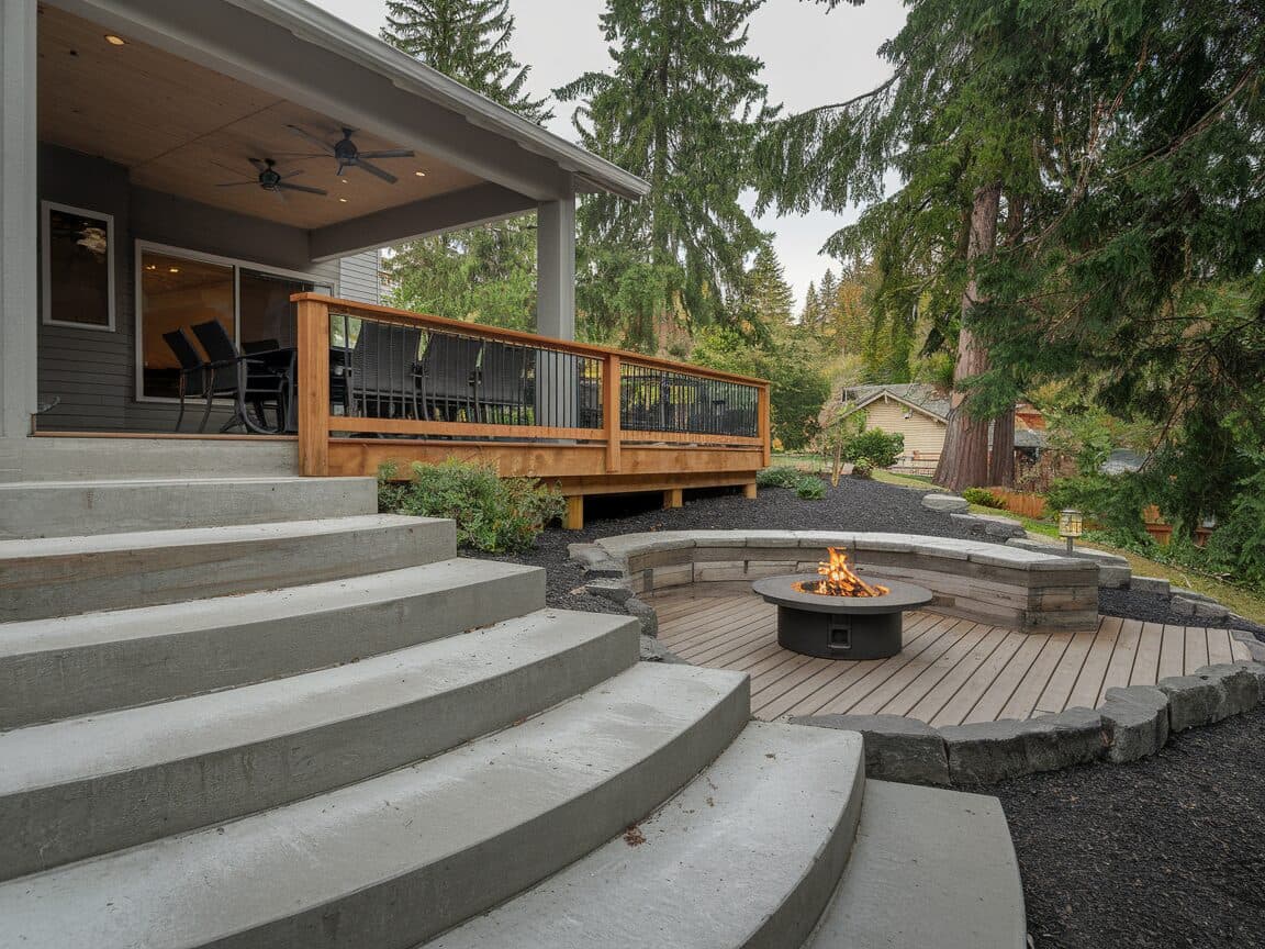 Multi-level patio with upper dining terrace and lower lounge area