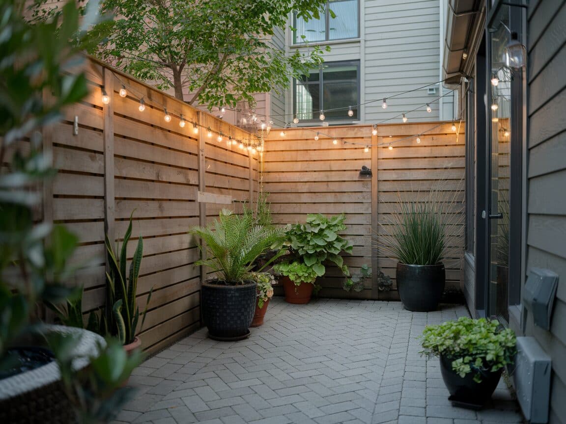 Intimate side yard patio with herringbone brick and string lights