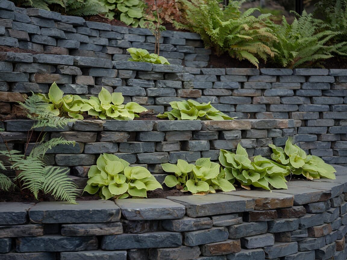 Dry-stacked natural basalt stone retaining wall, three terraced levels