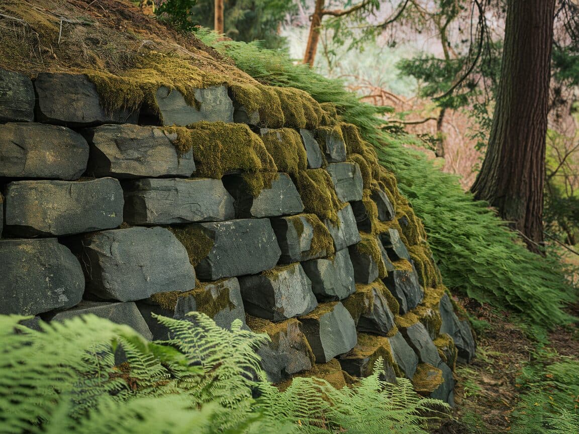 Large boulder retaining wall with natural moss and sword ferns