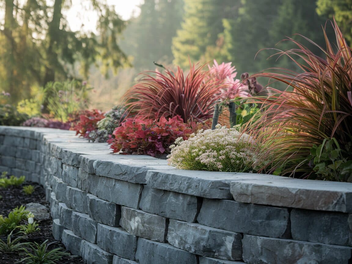 Curved natural stone retaining wall with native plants cascading