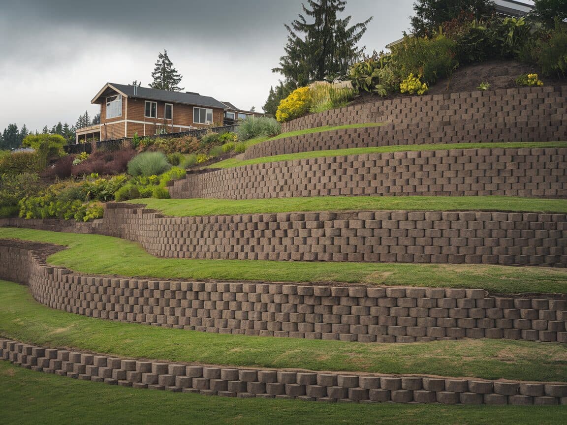 Steep residential hillside fully terraced with three wall levels
