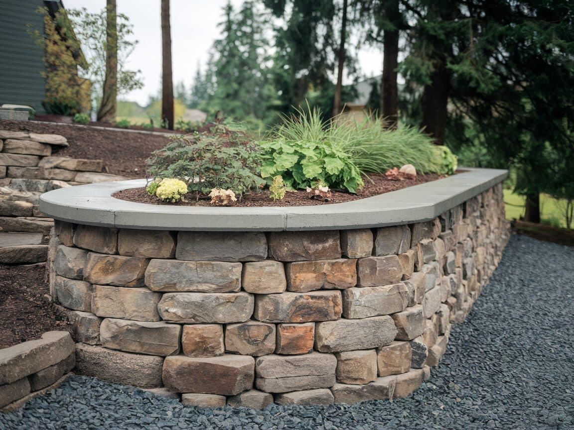 Stone retaining wall with concrete cap and landscaping plants