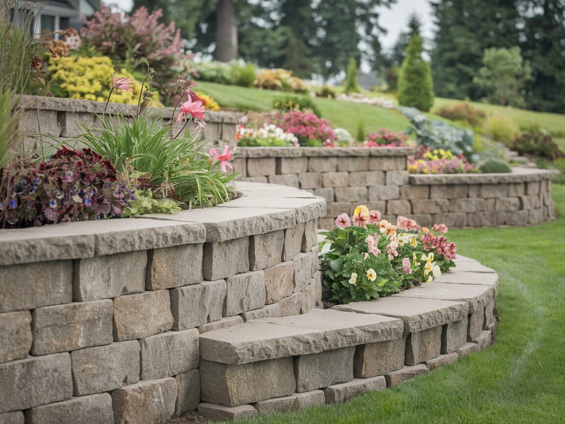 Mortared stone retaining wall with flower beds at base