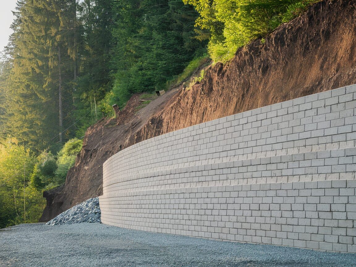 Engineered concrete block retaining wall on steep residential slope