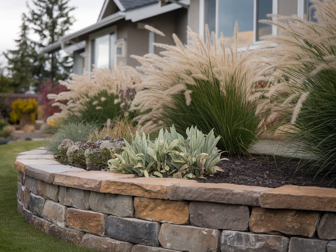 Low decorative stone border wall around front yard flower bed