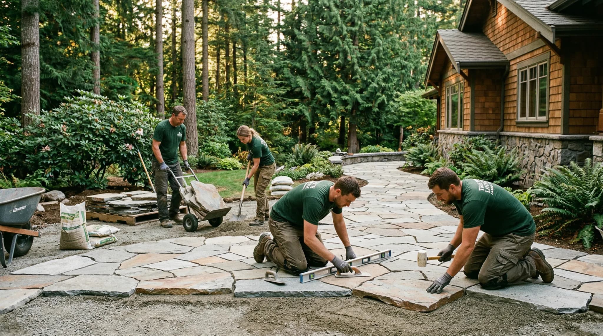 Whidbey Island Landscaping crew installing stone pavers on a Pacific Northwest property
