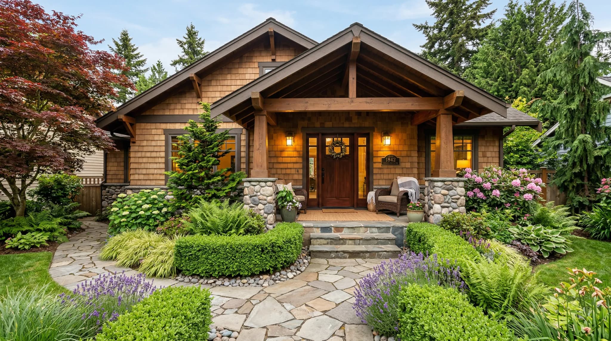 Craftsman home with beautifully landscaped entrance by Whidbey Island Landscaping