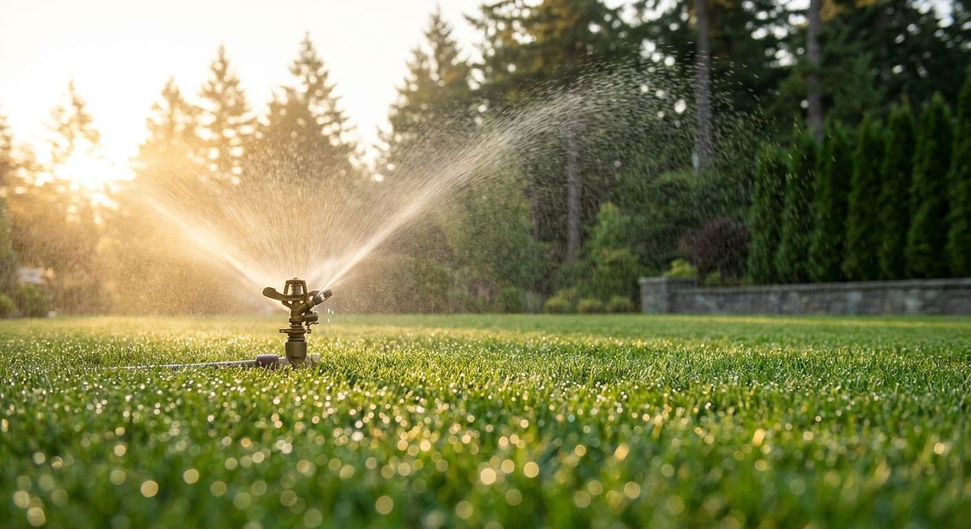 Irrigation sprinkler head watering a lush green Pacific Northwest lawn at sunrise