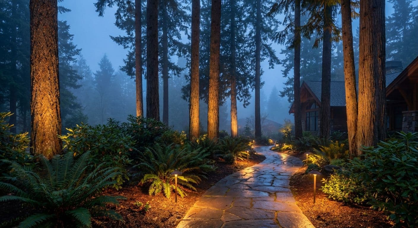 Warm landscape lighting illuminating a garden path and native plantings on a misty Pacific Northwest evening
